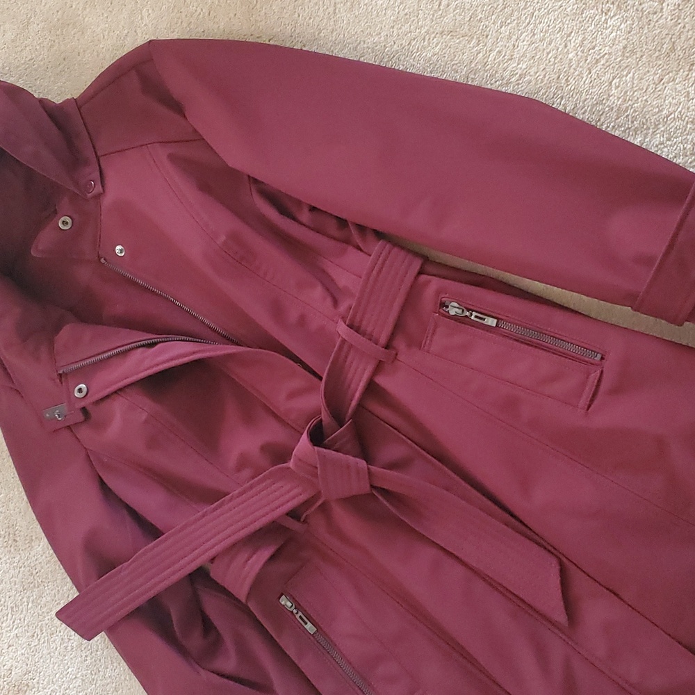 Women's Hooded Belted Trench Coat - Burgundy - Picture 6 of 8